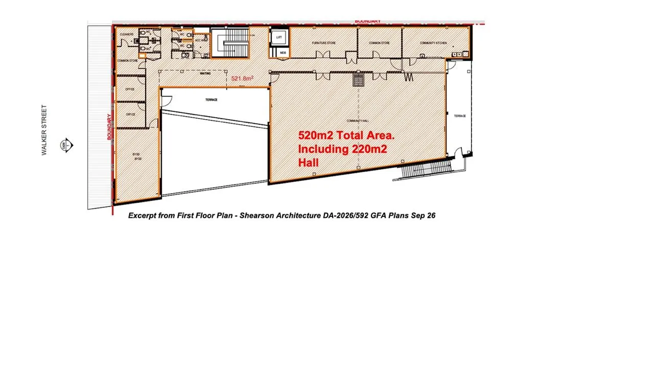 Annotated proposed first-floor plan showing the community hall, rooms, kitchen, terraces, stairs and lift.
