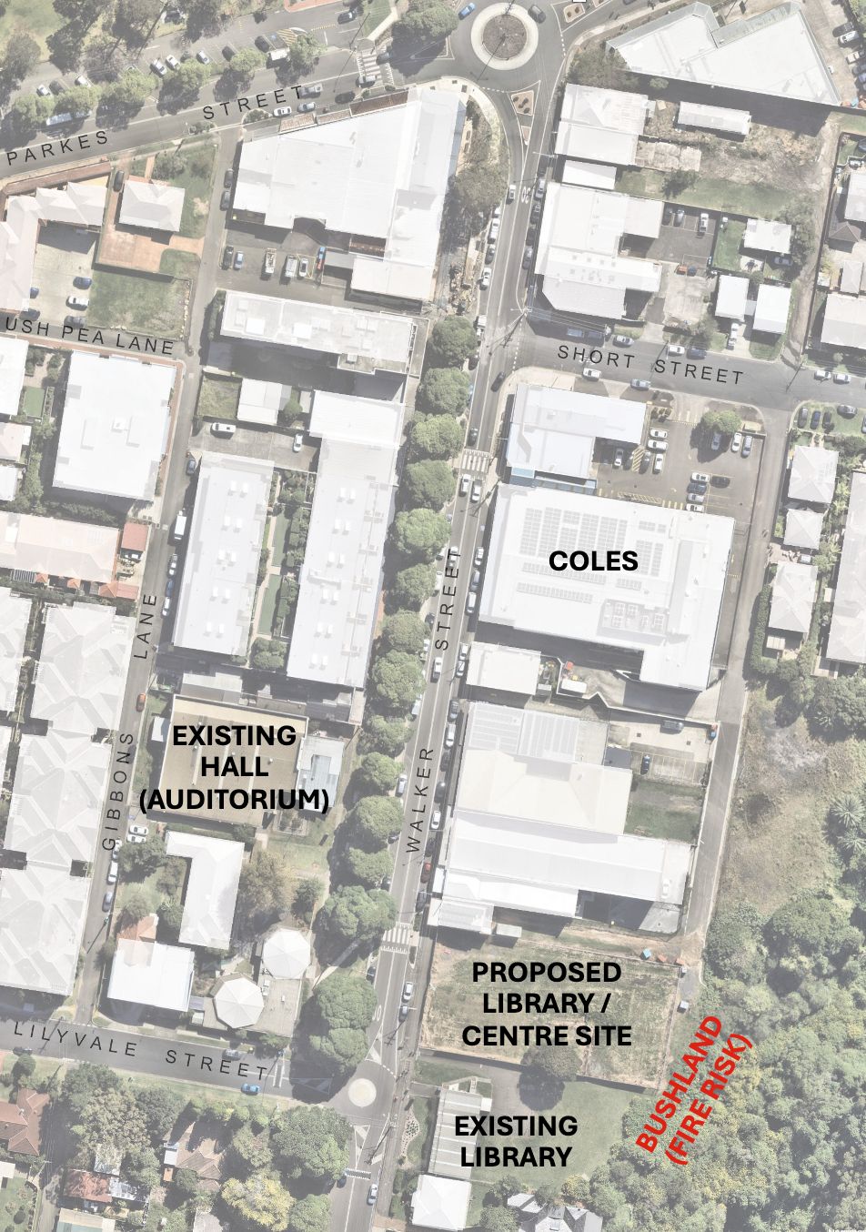 Aerial map showing the location of the existing library, proposed library/centre site, existing hall auditorium, a Coles store, streets, and bushland marked for potential refurbishment.