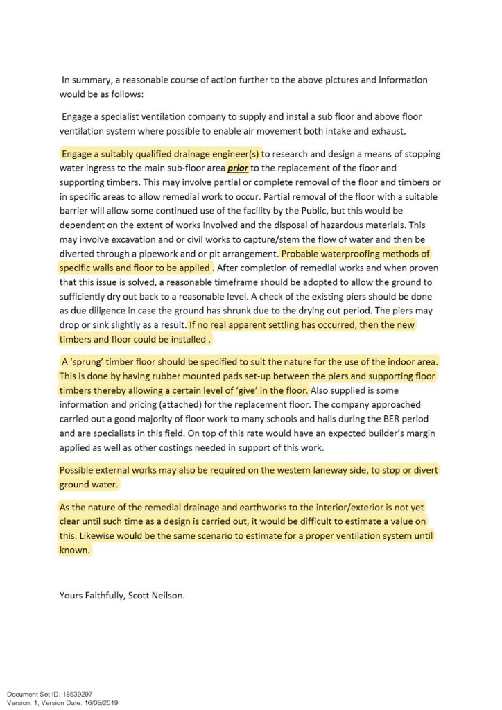 2019 letter from an external consultant recommending drainage engineering and floor restoration