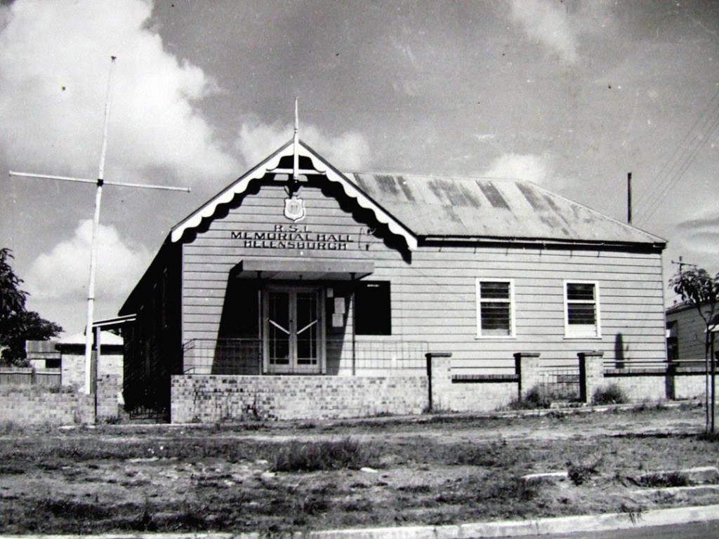 Historical photograph of the R.S.L. Memorial Hall Helensburgh with signage on the building facade