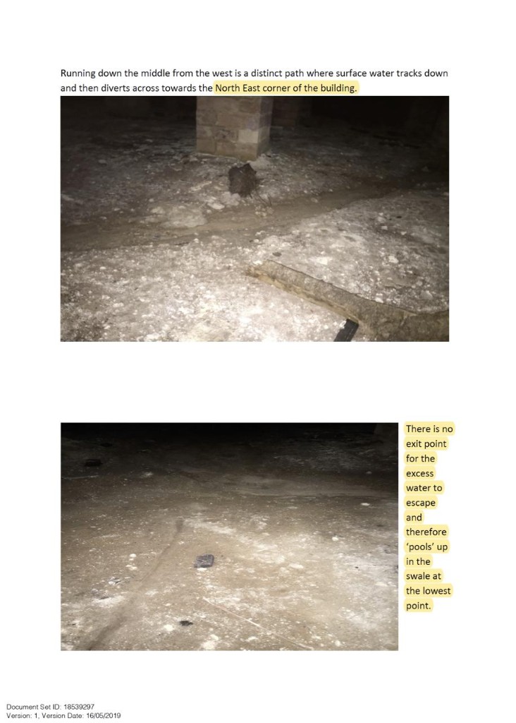 2019 technical report photographs of subfloor water tracking towards the North East corner with no exit point
