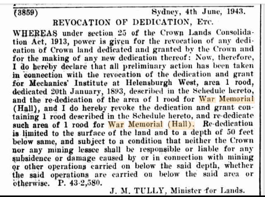 1943 Government Gazette notice re-dedicating the Helensburgh West Mechanics Institute site as a War Memorial (Hall)
